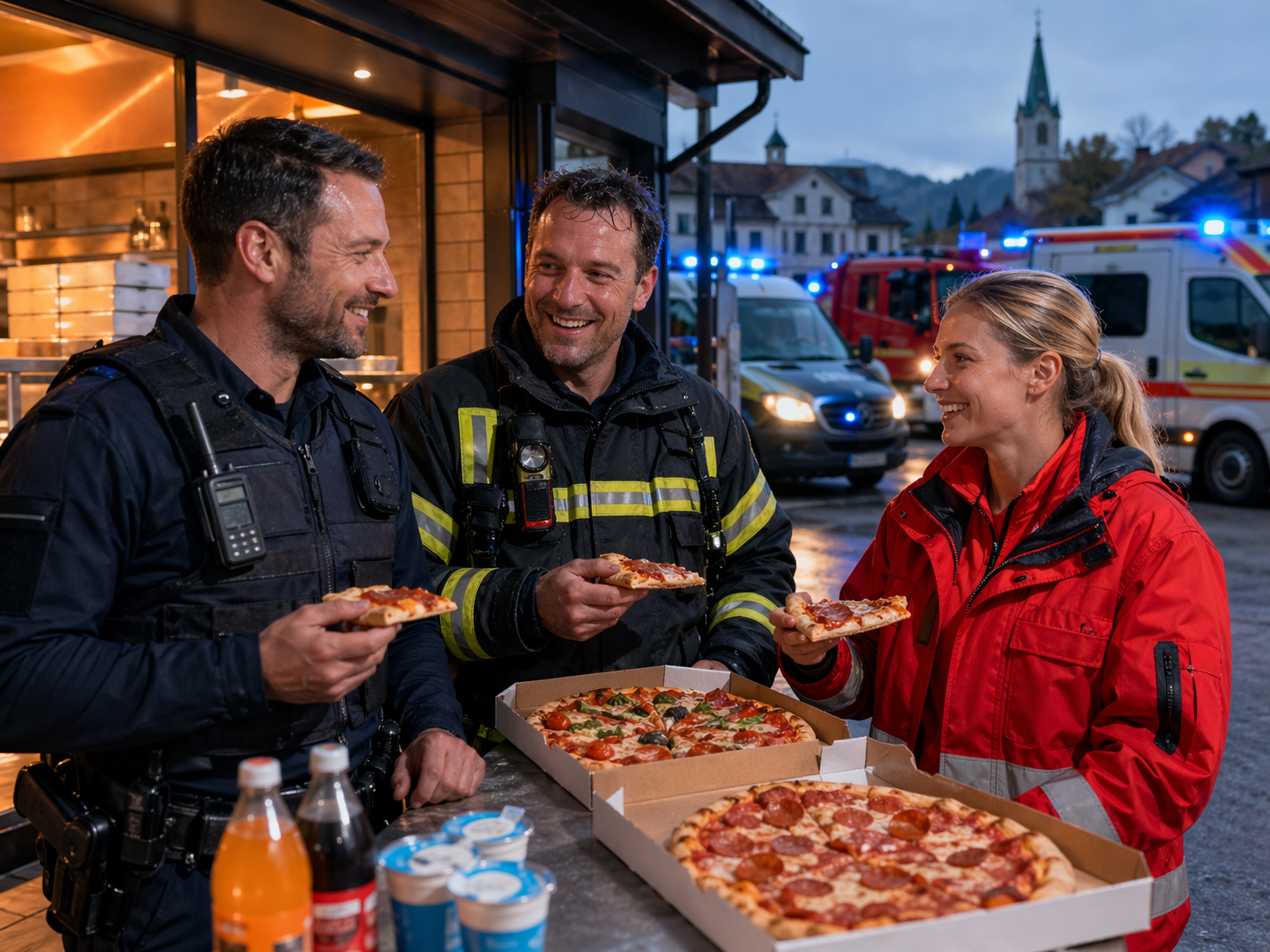 Polizei, Feuerwehr und Rettung gemeinsam beim Essen